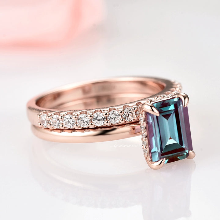 Alexandrite Engagement Ring Set- 14K Rose Gold Vermeil