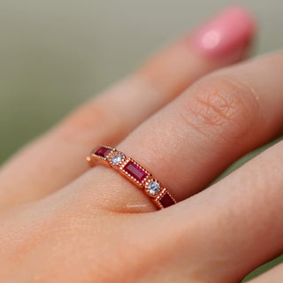 Art Deco Ruby Wedding Band in 14K Solid Rose Gold