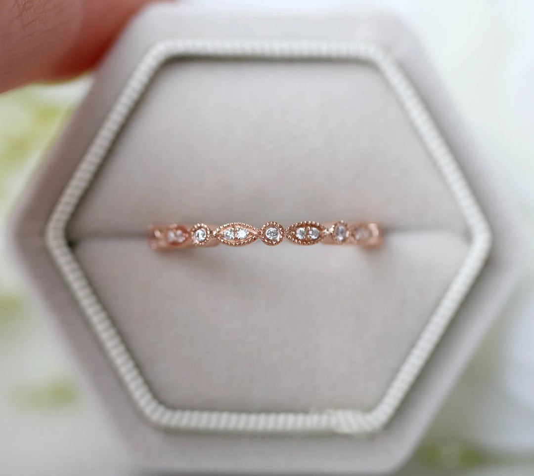 Luxe Vintage Natural Diamond or Moissanite Wedding Band- 10K/ 14K/ 18K Solid Rose Gold