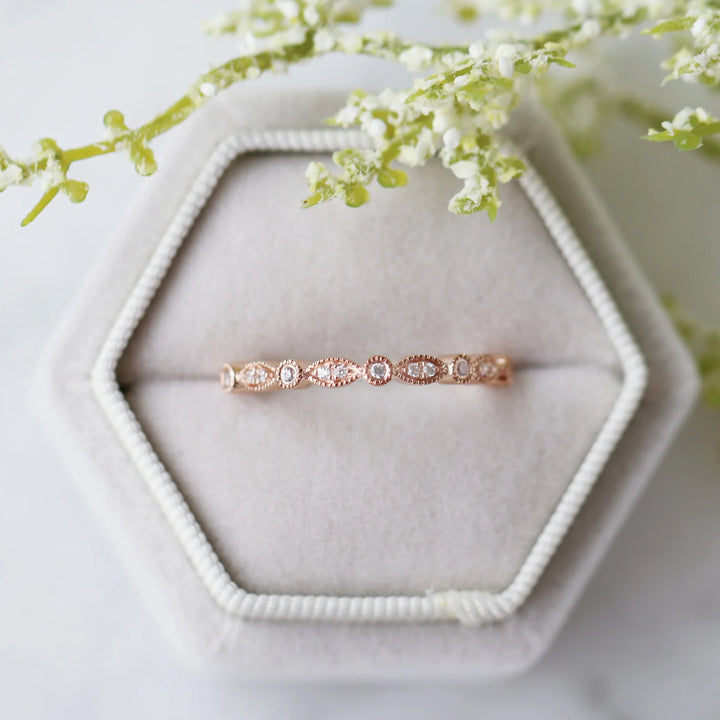 Luxe Vintage Natural Diamond or Moissanite Wedding Band- 10K/ 14K/ 18K Solid Rose Gold