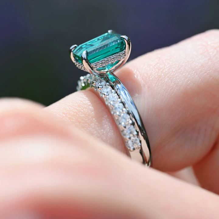 Hidden Halo Emerald Ring Set- Sterling Silver