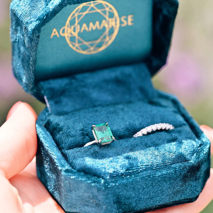 Hidden Halo Emerald Ring Set- Sterling Silver