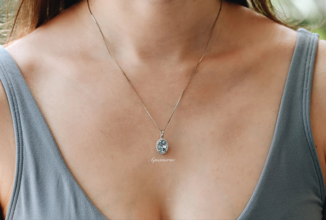 Iris Halo Oval Aquamarine Necklace in Sterling Silver