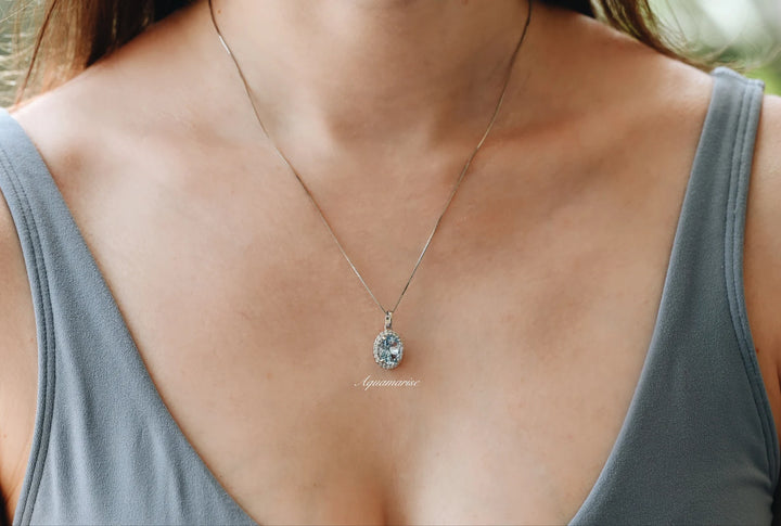 Iris Halo Oval Aquamarine Necklace in Sterling Silver