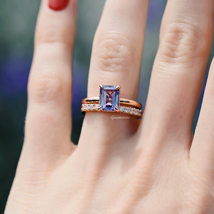 Alexandrite Engagement Ring Set- 14K Rose Gold Vermeil
