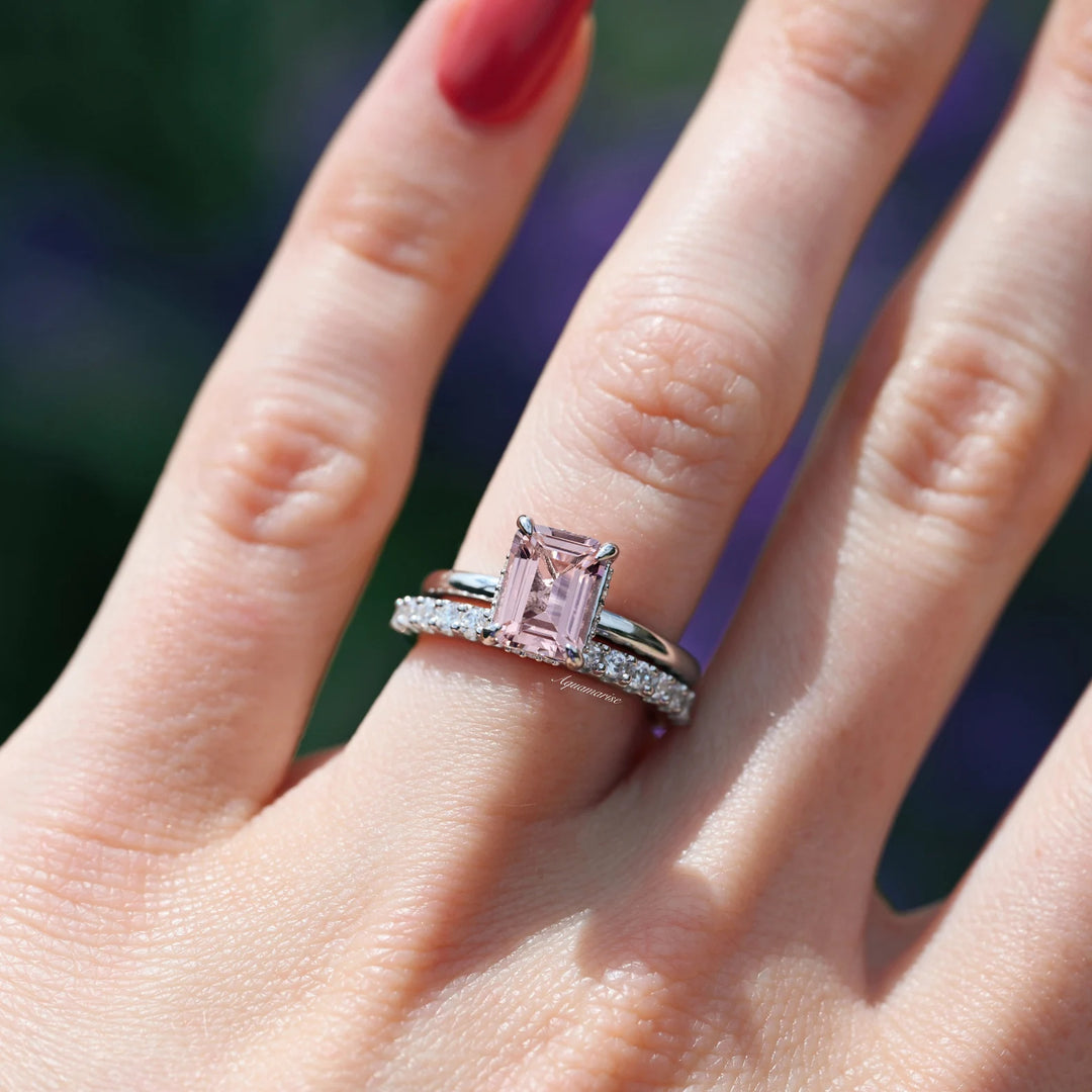 Hidden Halo Emerald Cut Morganite Ring- Sterling Silver