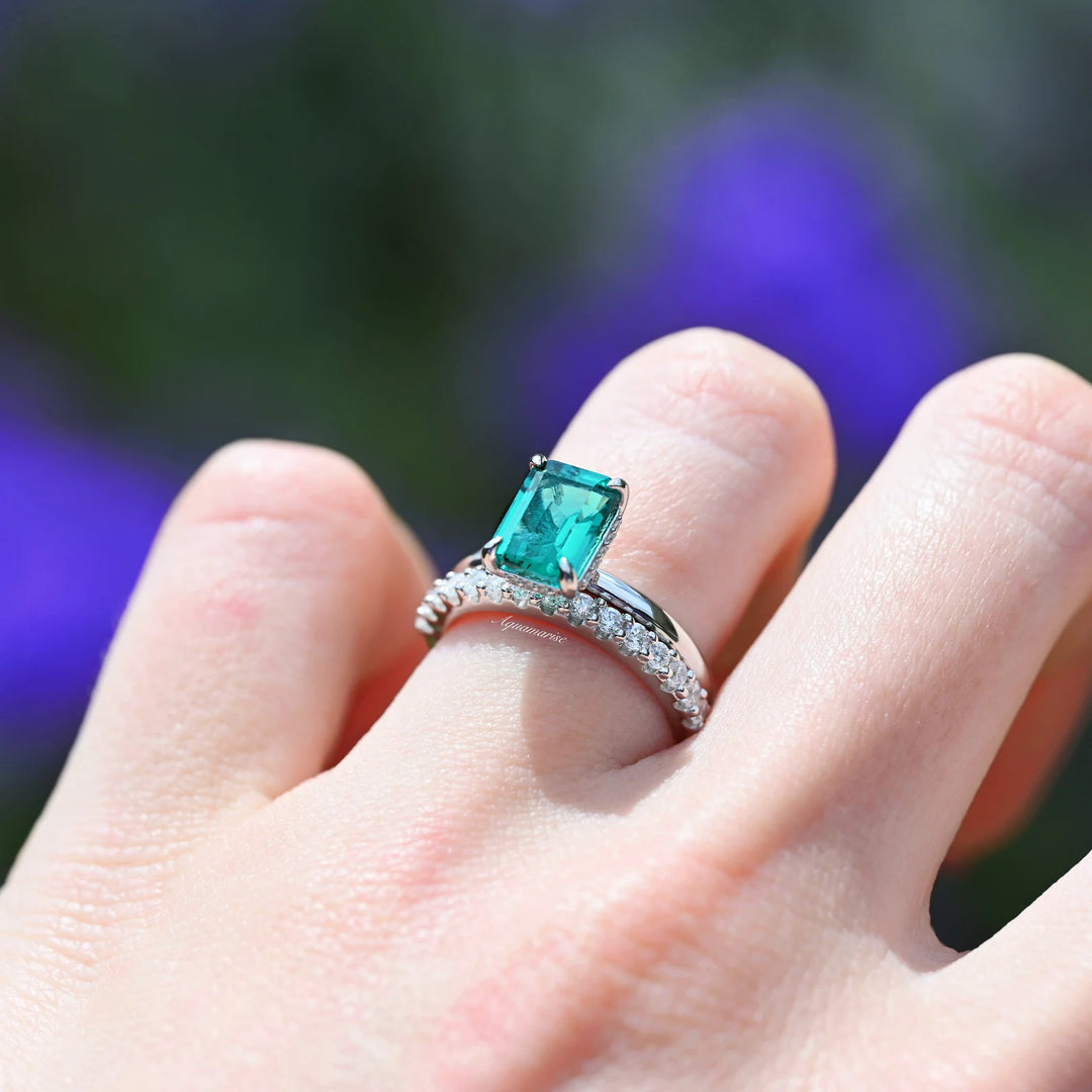 Hidden Halo Emerald Ring Set- Sterling Silver