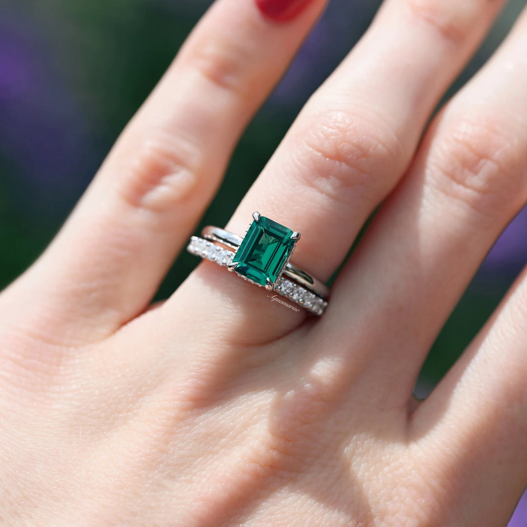Hidden Halo Emerald Ring Set- Sterling Silver
