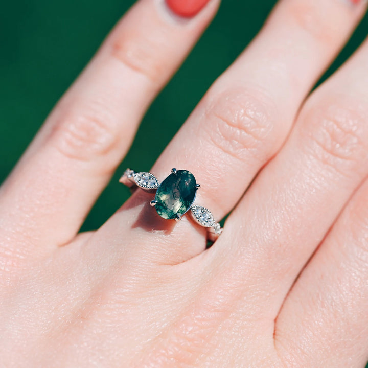 Kylie Art Deco Green Moss Agate Ring- Sterling Silver