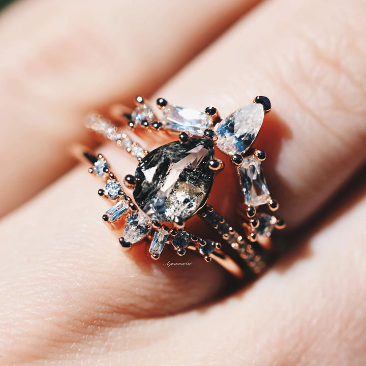 Galaxy Raw Salt & Pepper (Herkimer) Diamond Ring Set- 14K Rose Gold Vermeil