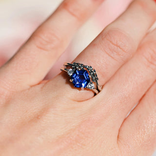 Hexagon Tanzanite Leaf Ring Set in Sterling Silver