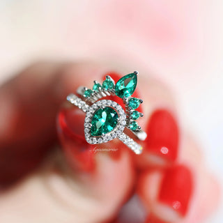 Amy Vintage Emerald Ring Set in Sterling Silver featuring pear-shaped emeralds with diamond accents in a vintage-inspired design by Aquamarise, perfect for May birthstone and promise rings.