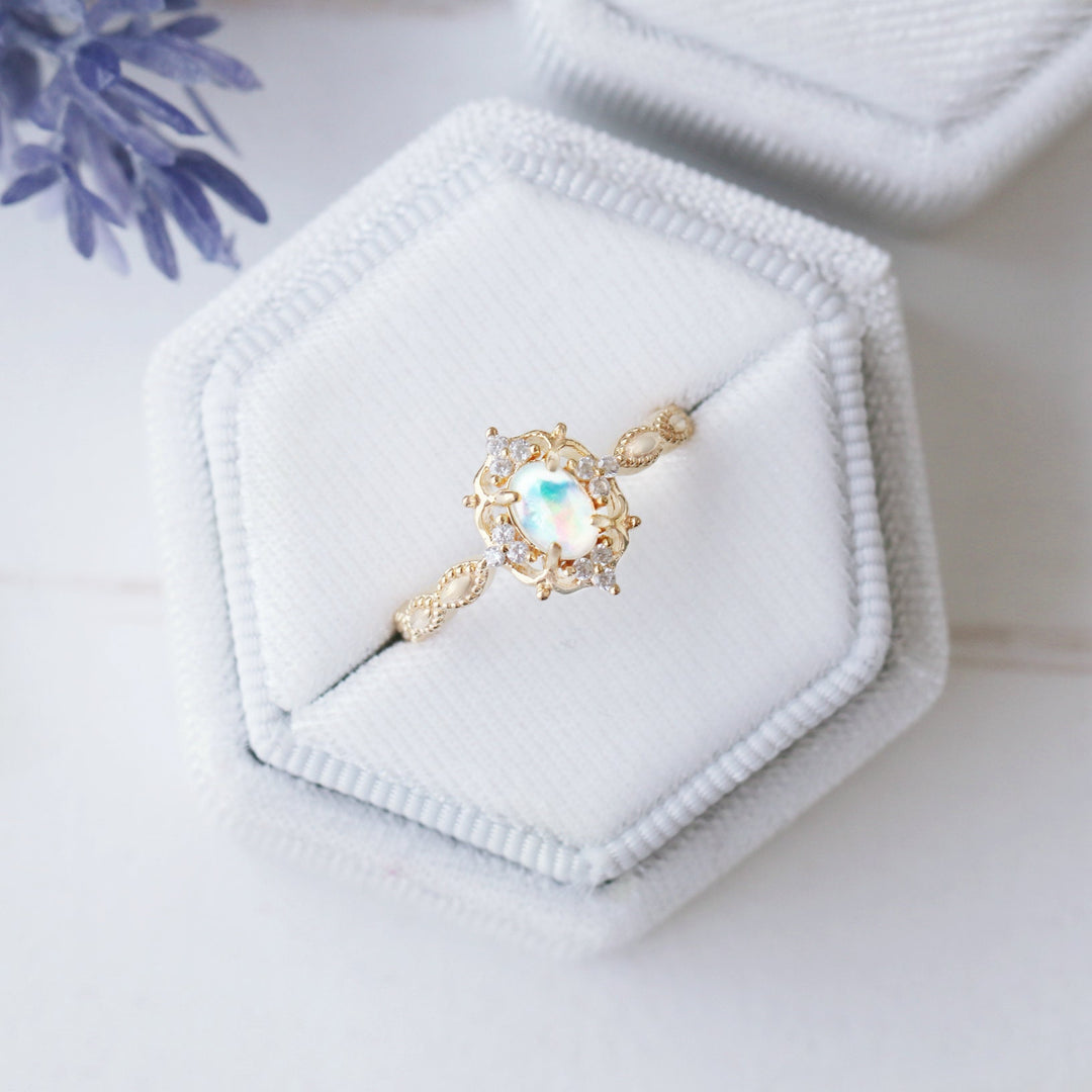 Claire Vintage Natural Australian Opal Engagement Ring in 14K Solid Yellow Gold