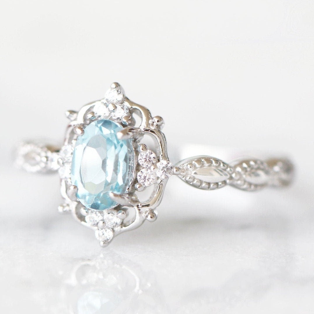 Claire Vintage Aquamarine Engagement Ring in 14K White Gold