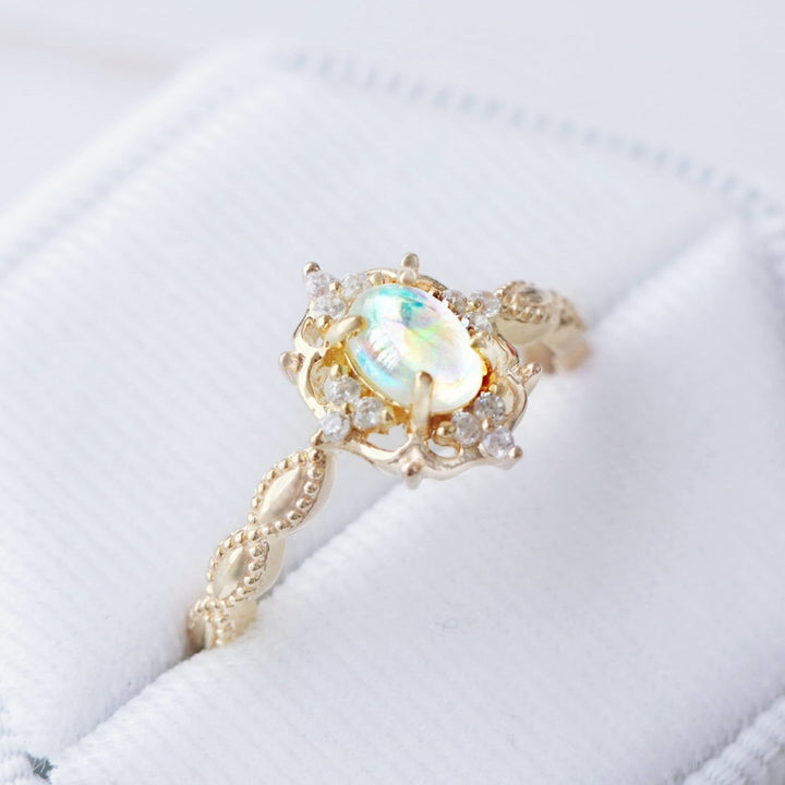 Claire Vintage Natural Australian Opal Engagement Ring in 14K Solid Yellow Gold