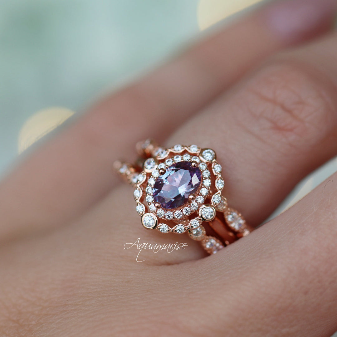 Valentina Art Deco Alexandrite Engagement Ring in 14K Solid Rose Gold