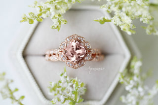 Art Deco Morganite Engagement Ring in Solid 14K Rose Gold by Aquamarise Gold featuring a cushion-cut morganite with intricate diamond halo on a vintage-inspired band.