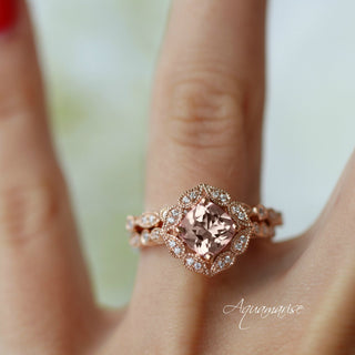 Art Deco Morganite Engagement Ring in Solid 14K Rose Gold by Aquamarise Gold featuring a cushion-cut morganite with detailed diamond accents on a rose gold vintage-inspired band.
