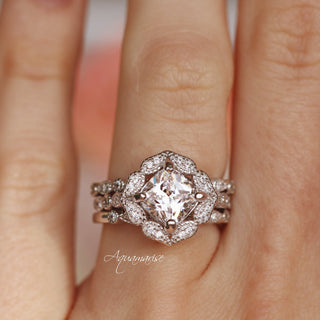 Simulated Diamond Vintage Engagement Ring in Sterling Silver by Aquamarise with a cushion-cut center stone and intricate vintage-inspired pavé details on a delicate band.