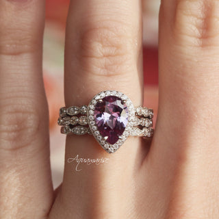 Vintage Teardrop Alexandrite Ring in Sterling Silver featuring a pear-shaped purple alexandrite with a pavé diamond halo and detailed band by Aquamarise, perfect for unique engagement jewelry.