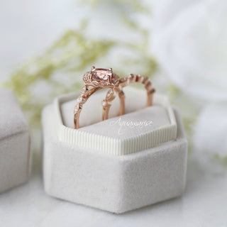 Art Deco Morganite Engagement Ring in Solid 14K Rose Gold by Aquamarise Gold featuring a cushion-cut morganite with diamond accents on an intricate rose gold band in a velvet box.