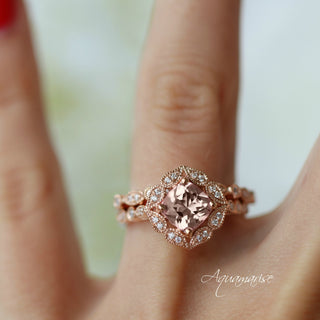 Morganite Ring in 14k Rose Gold Vermeil by Aquamarise featuring a vintage-inspired morganite center with ornate simulated diamond accents on a detailed rose gold vermeil band.