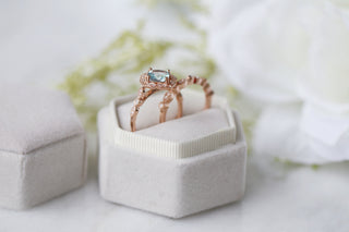 Vintage Cushion Cut Aquamarine Ring in 14k Rose Gold Vermeil by Aquamarise, featuring a delicate cushion aquamarine center with vintage rose gold detailing in a soft velvet ring box.