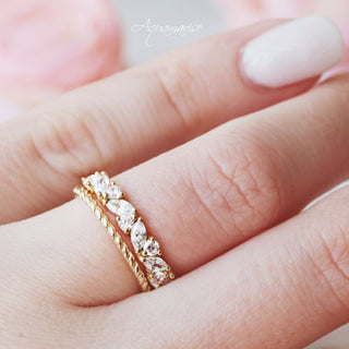 Marquise Diamond Leaf Wedding Ring Set in Solid 14K Yellow Gold by Aquamarise Gold featuring marquise and round diamonds on a twisted gold band, part of Solid Gold Engagement Rings collection.
