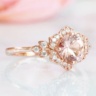 Jasmine Morganite Engagement Ring Set in 14K Rose Gold Vermeil by Aquamarise featuring a peachy-pink morganite center with floral pavé diamond accents on a delicate rose gold band
