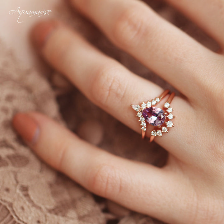 Lunette Teardrop Alexandrite Engagement Ring Set in 14K Solid Rose Gold