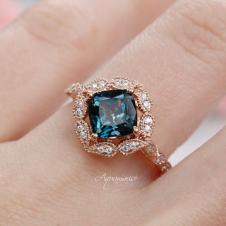 Cushion Cut Natural London Blue Topaz Engagement Ring in 14K Solid Rose Gold by Aquamarise Gold, featuring vintage-inspired halo and milgrain details, perfect for meaningful gifts and unique engagement rings.
