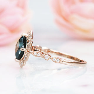 Cushion Cut Natural London Blue Topaz Engagement Ring in 14K Solid Rose Gold by Aquamarise Gold with delicate diamond accents and vintage-inspired milgrain design for a unique engagement ring.