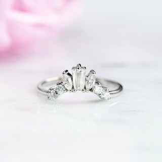 Tapered Baguette & Marquise Cluster Natural Diamond or Moissanite Wedding Band in 14K White Gold