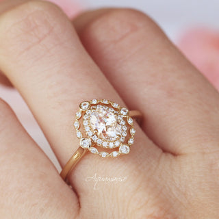 Valentina Simulated Diamond Ring in 14K Yellow Gold Vermeil by Aquamarise, featuring an oval simulated diamond with a vintage-inspired halo on a polished yellow gold vermeil band.