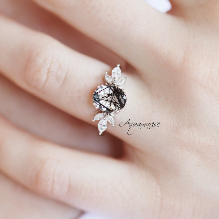 Eva Black Rutilated Quartz Engagement Ring in 14K White Gold