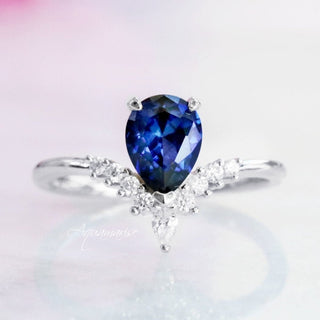 Lunette Teardrop Blue Sapphire Engagement Ring Set in 14K White Gold