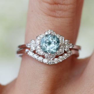 Jasmine Round Cut Aquamarine Flower Ring Set in Sterling Silver