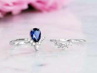 Lunette Teardrop Blue Sapphire Engagement Ring Set in 14K White Gold