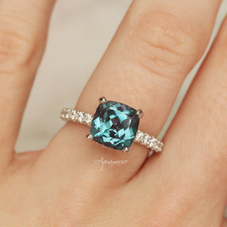 Cushion Cut Alexandrite Engagement Ring in 14K White Gold (Hidden Halo)