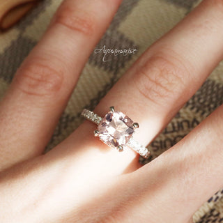 Hidden Halo Cushion Cut Morganite Engagement Ring in 14K White Gold