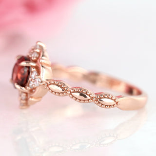 Garnet Ring- 14K Rose Gold Vermeil by Aquamarise featuring a deep red garnet in an antique-inspired rose gold vermeil band with delicate beaded detailing, perfect for January birthstone jewelry.