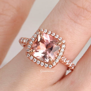 Belle Cushion Cut Natural Morganite Engagement Ring in 14K Solid Rose Gold