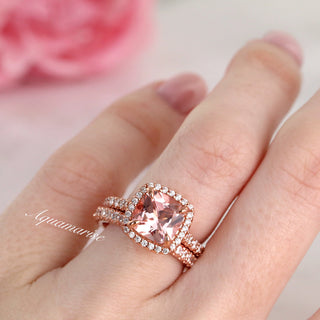 Belle Cushion Cut Natural Morganite Engagement Ring in 14K Solid Rose Gold