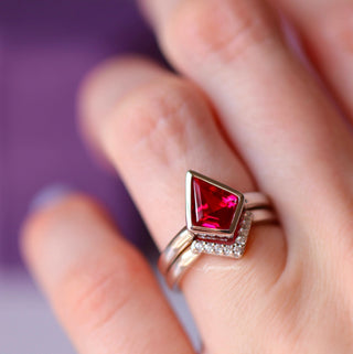 Minimalist Kite Cut Bezel Lab-Grown Ruby Ring Set in Sterling Silver