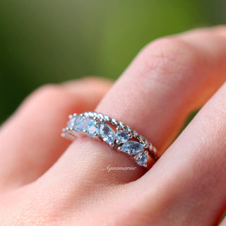 Willow Marquise Aquamarine Stacking Ring Set in Sterling Silver by Aquamarise featuring marquise-shaped blue aquamarine stones with a delicate beaded silver band for an elegant, stackable look.