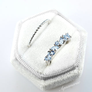 Willow Marquise Aquamarine Stacking Ring Set in Sterling Silver featuring delicate twisted band and marquise cut aquamarine stones in a refined, elegant design by Aquamarise.